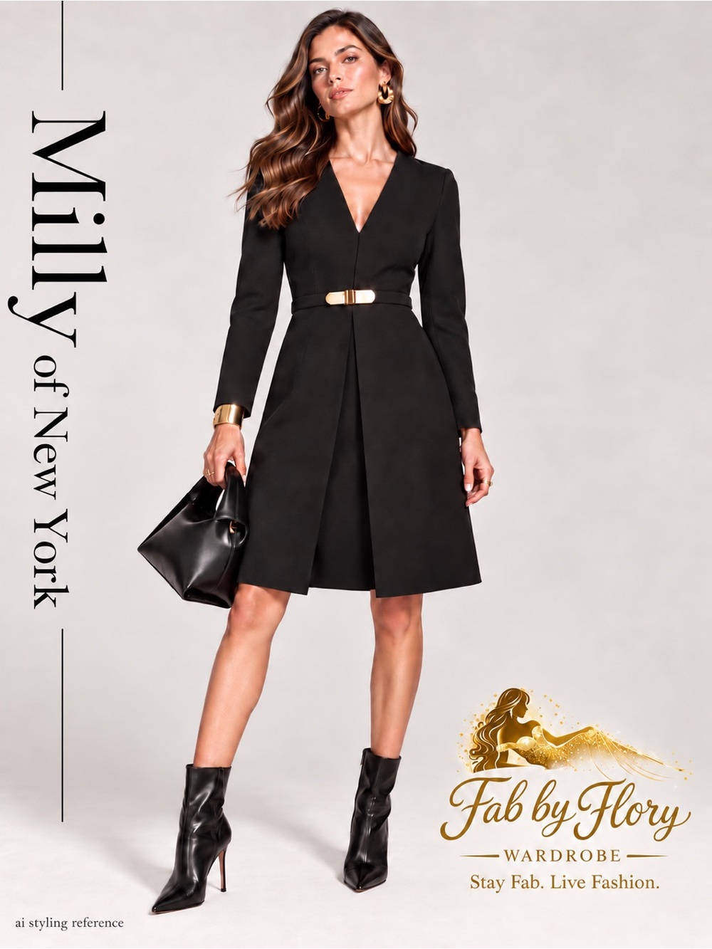 Milly of New York Black Belted V-Neck Tailored Dress Gold Clasp Sz. S